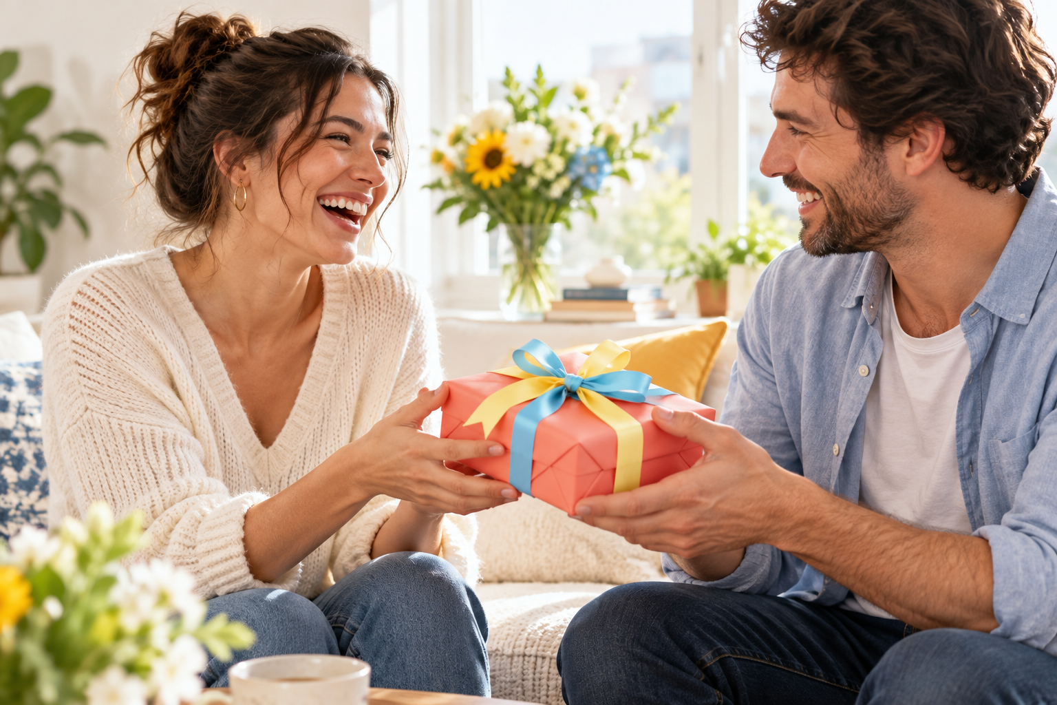 Two smiling friends exchange a coral gift with yellow and blue ribbons in a bright, flower-filled living room.