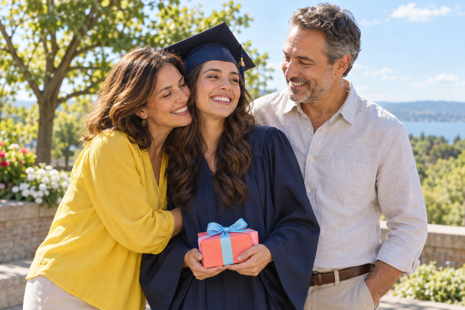 An adult graduate smiles with two family members outdoors while holding a small wrapped gift.